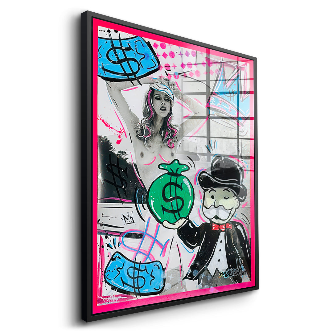 Seitenansicht des Acrylglasbilds Money Talks im schwarzen Rahmen