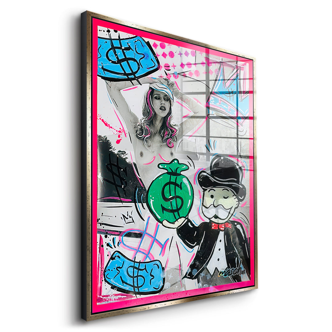 Seitenansicht des Acrylglasbilds Money Talks im goldenen Rahmen