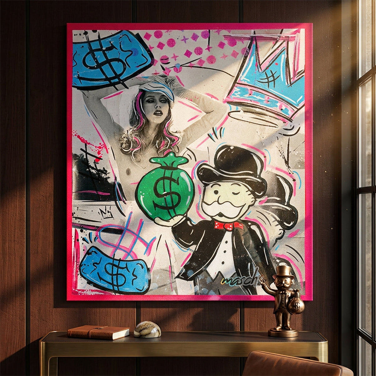 Leinwandbild Money Talks an der Wand eines modernen Wohnraums