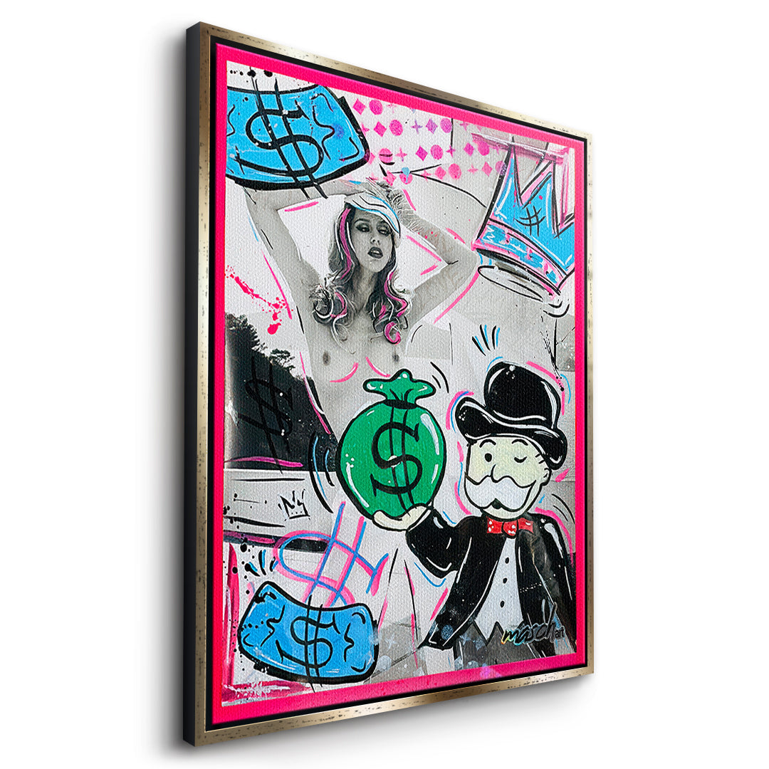 Seitenansicht des Leinwandbilds Money Talks im goldenen Rahmen