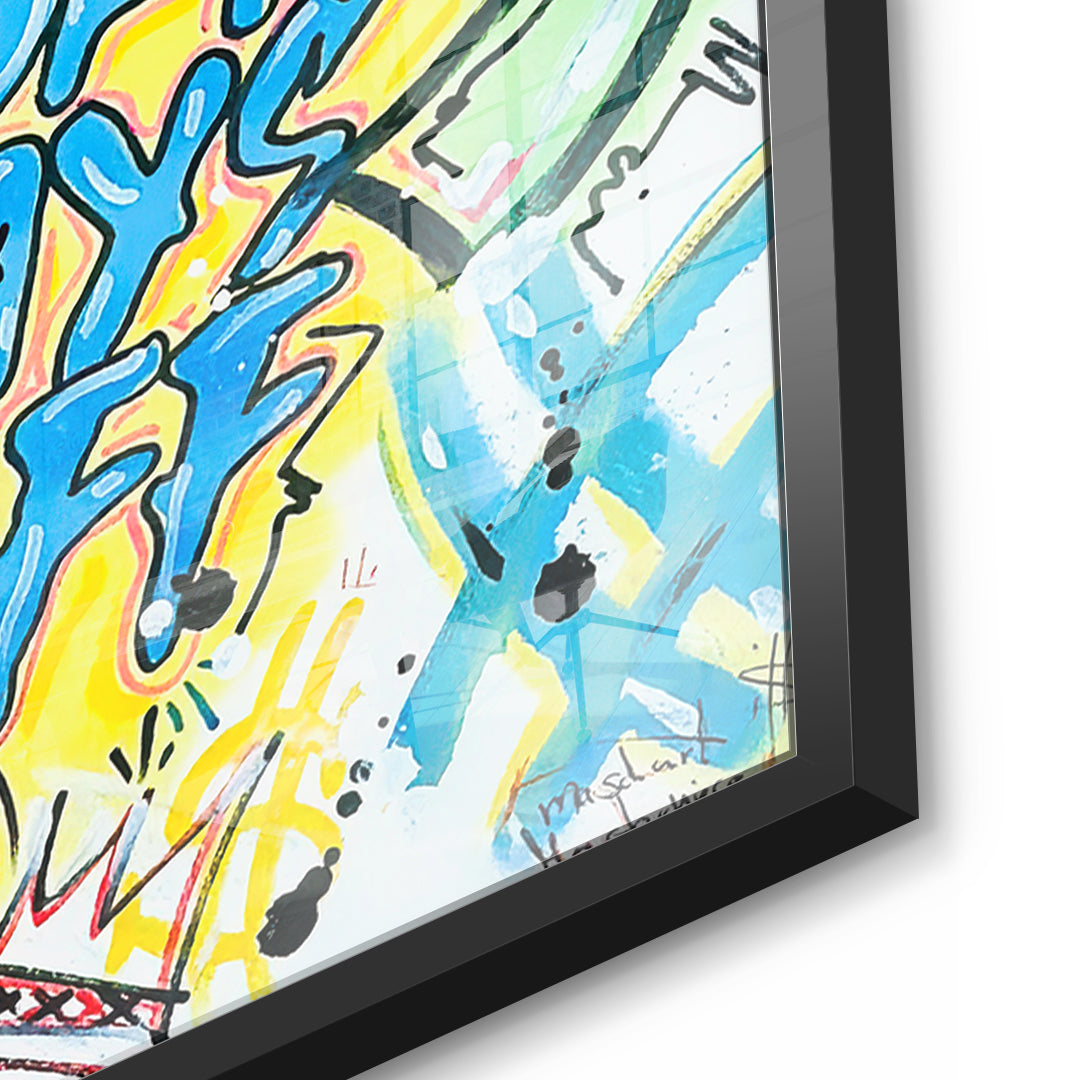 Detailaufnahme des 5mm Acrylglases, Hard Work Pays Off Graffiti im schwarzen Rahmen