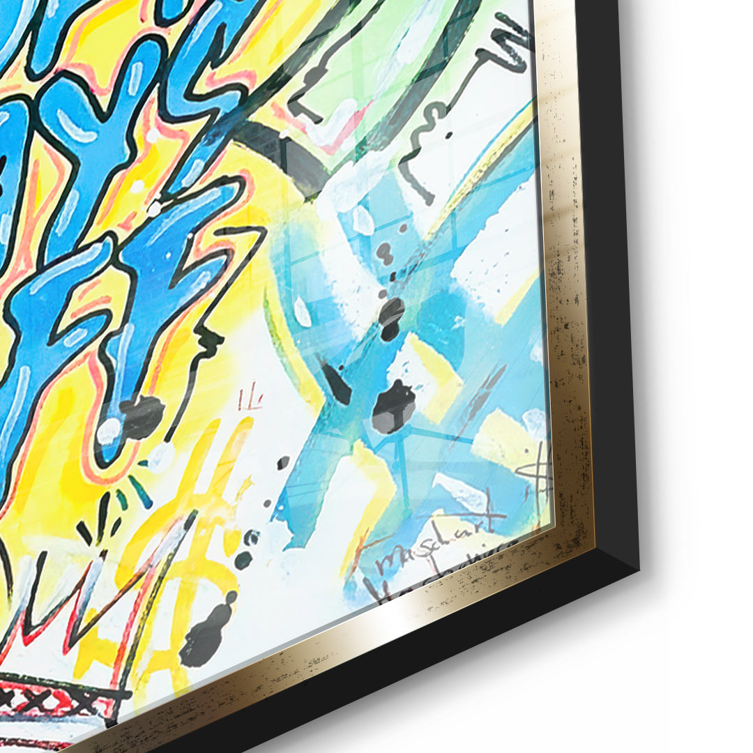 Detailaufnahme des 5mm Acrylglases, Hard Work Pays Off Graffiti im goldenen Rahmen