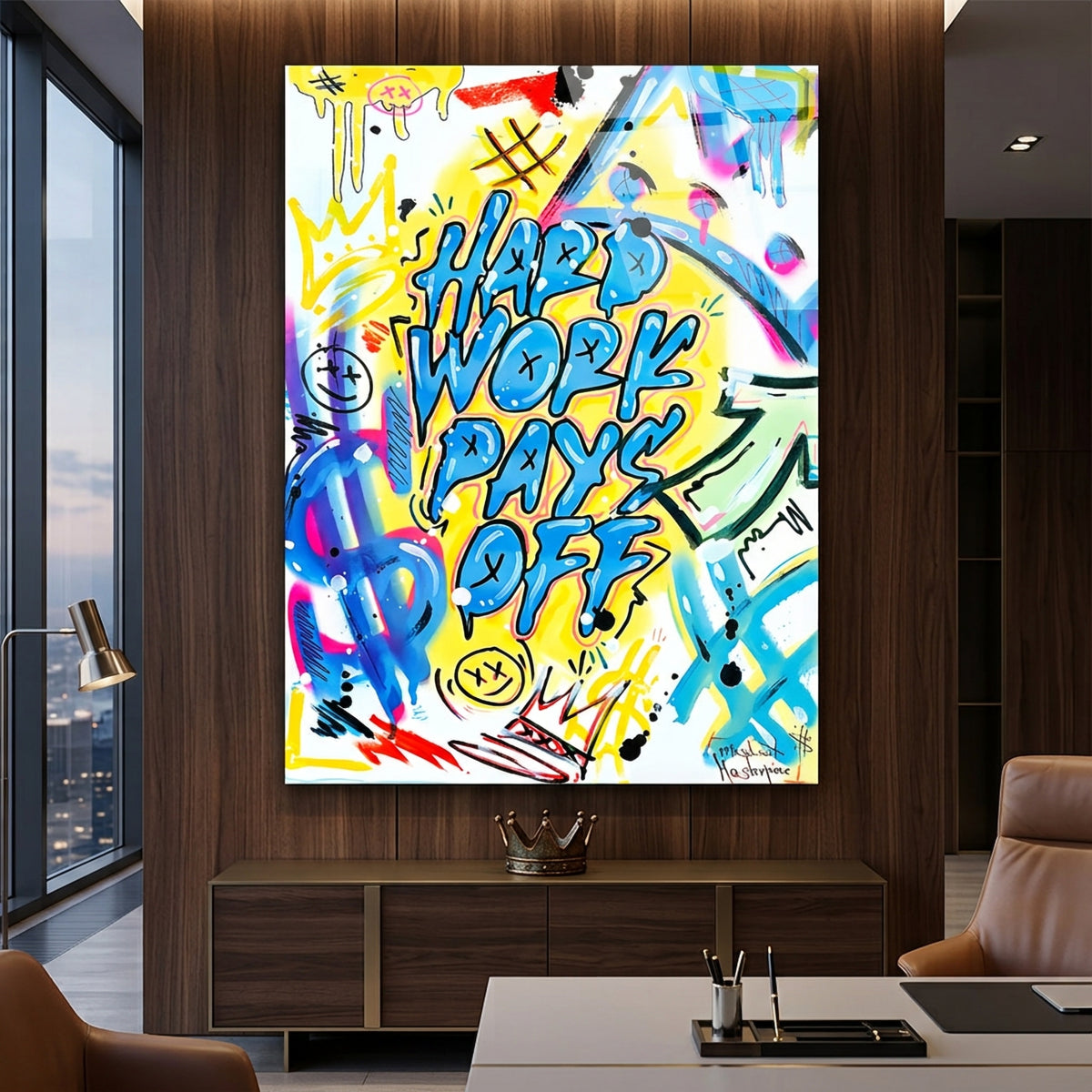 Acrylglasbild Hard Work Pays Off Graffiti an der Wand eines modernen Wohnraums