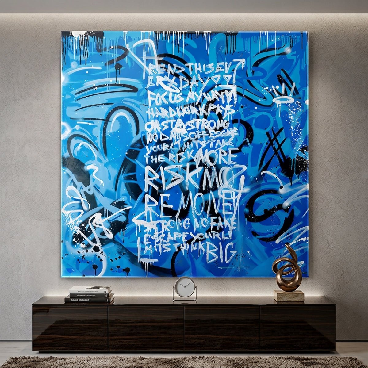 Acrylglasbild More Risk More Money an der Wand eines modernen Wohnraums