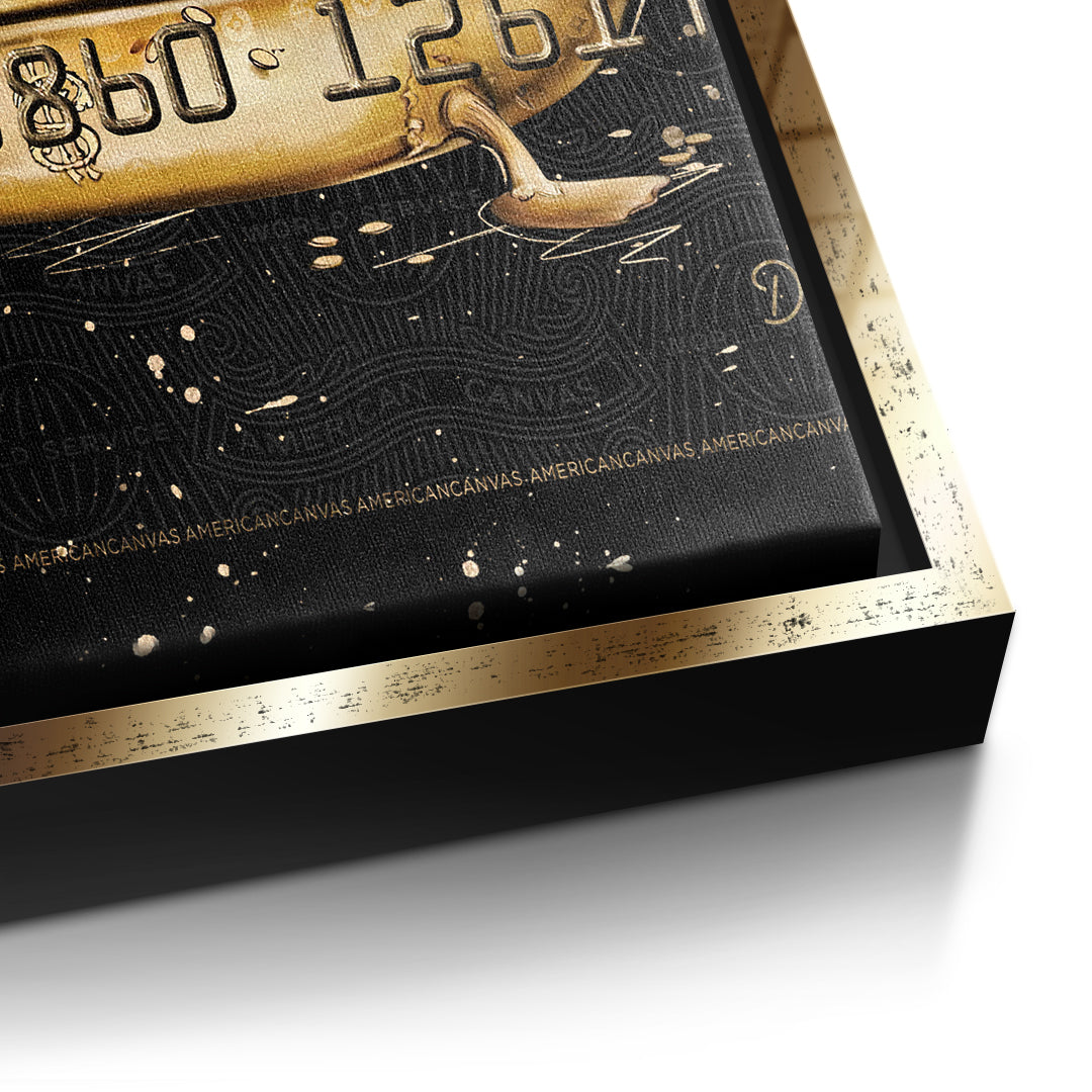 Detailaufnahme der Leinwandstruktur, American Canvas Billionaires Edition im goldenen Rahmen