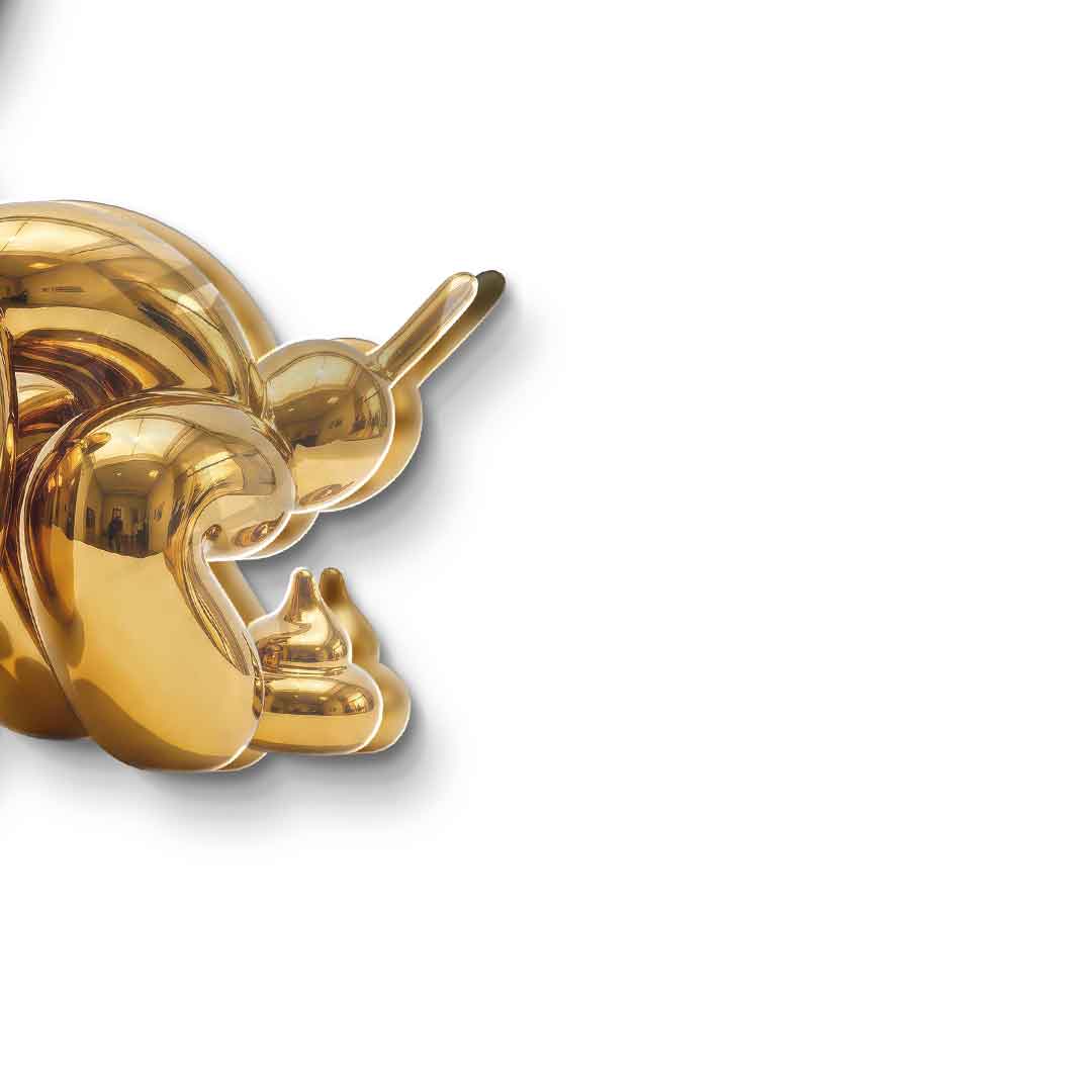 Detailaufnahme der Wandskulptur Bubble Dog Gold, 5mm Acrylglas