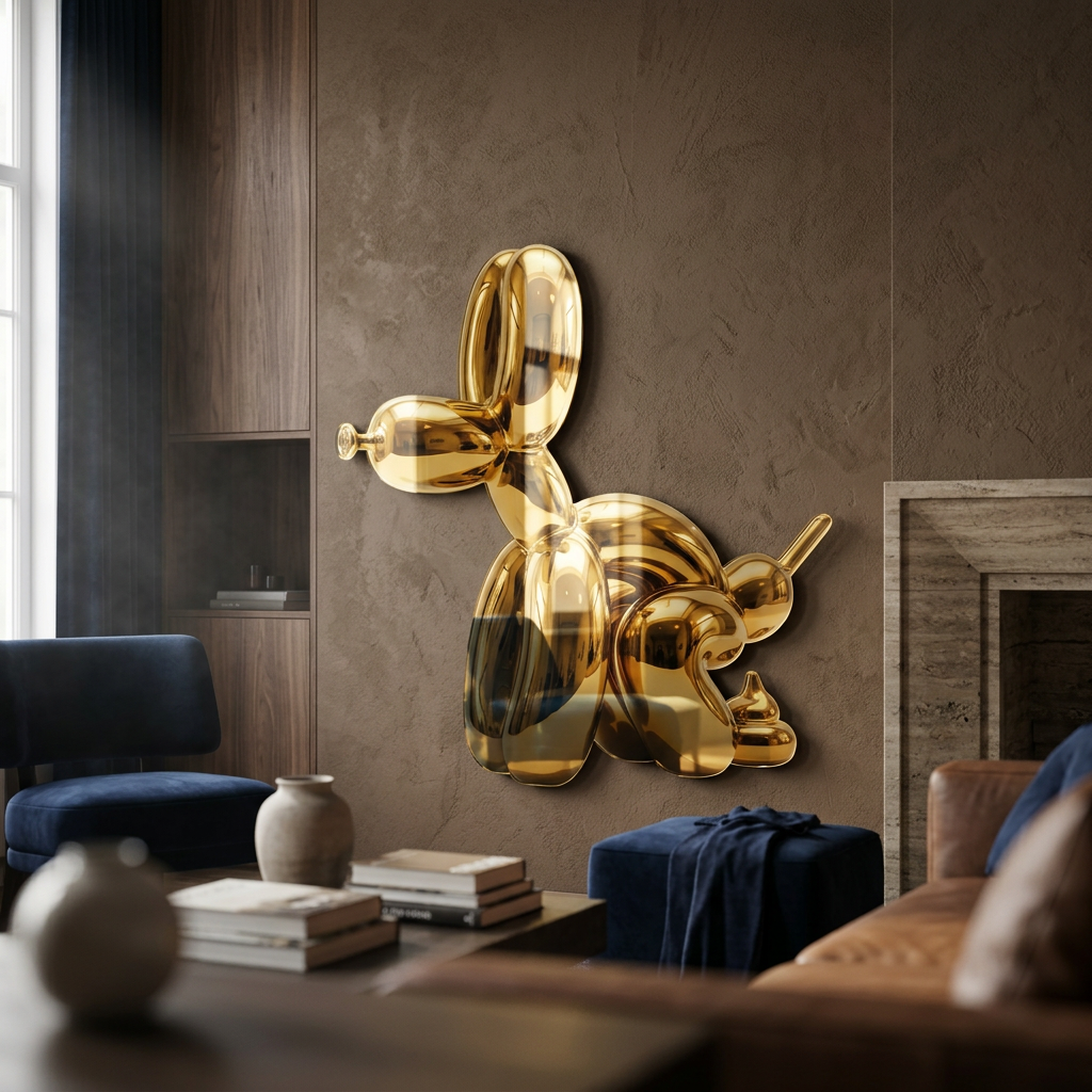 Wandskulptur Bubble Dog Gold an der Wand eines modernen Wohnraums