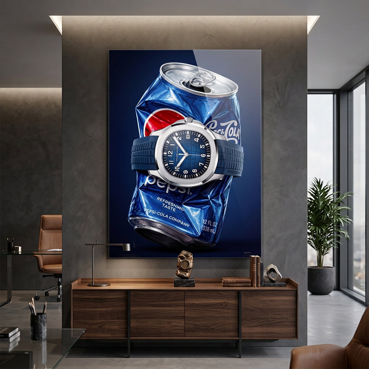 Acrylglasbild Crushed Blue an der Wand eines modernen Wohnraums