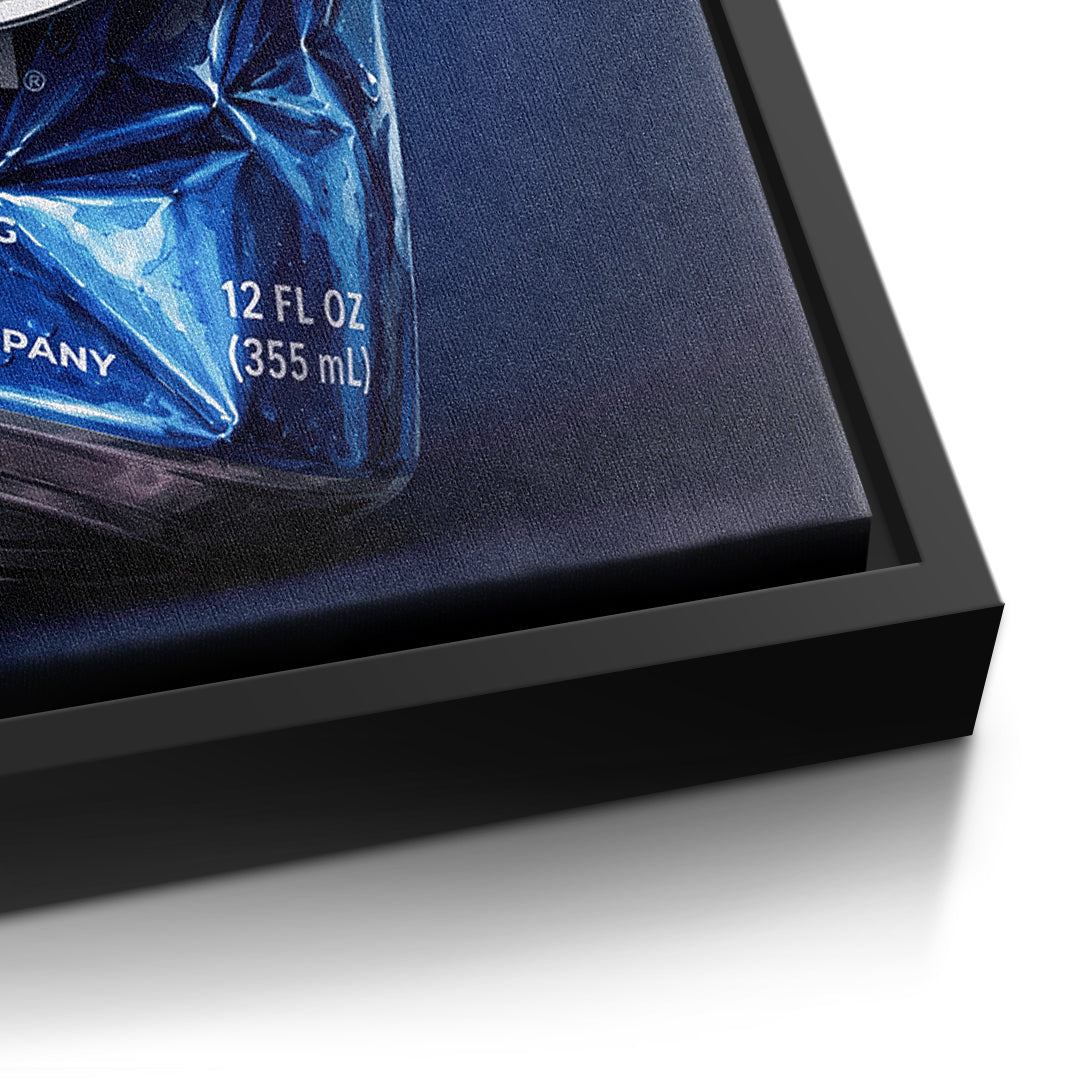 Detailaufnahme der Leinwandstruktur, Crushed Blue im schwarzen Rahmen