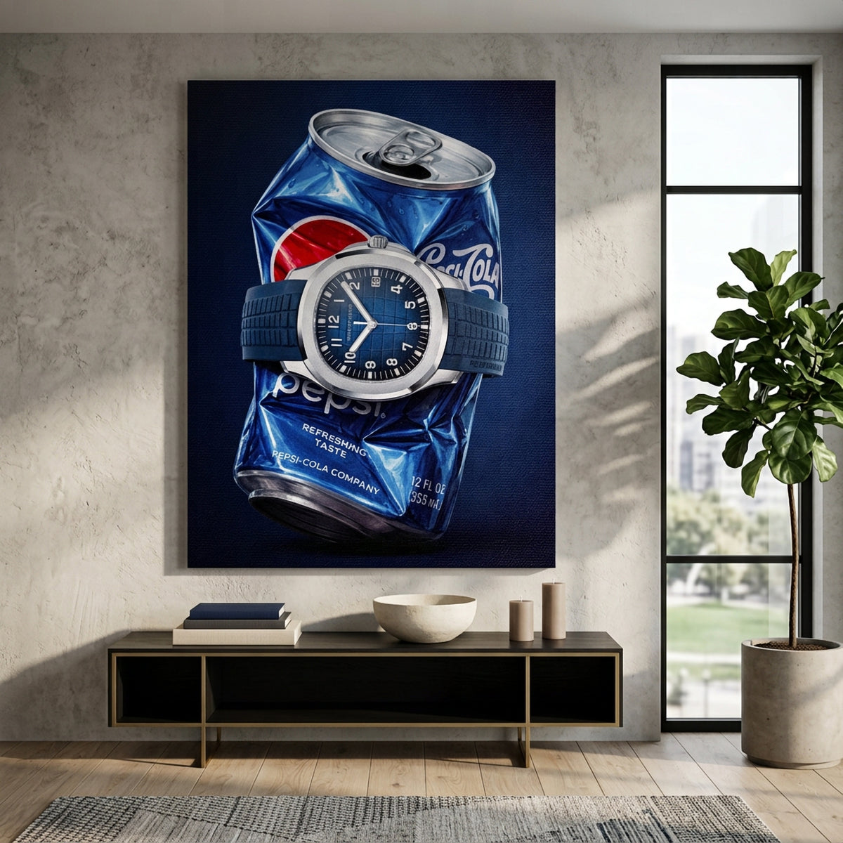 Leinwandbild Crushed Blue an der Wand eines modernen Wohnraums
