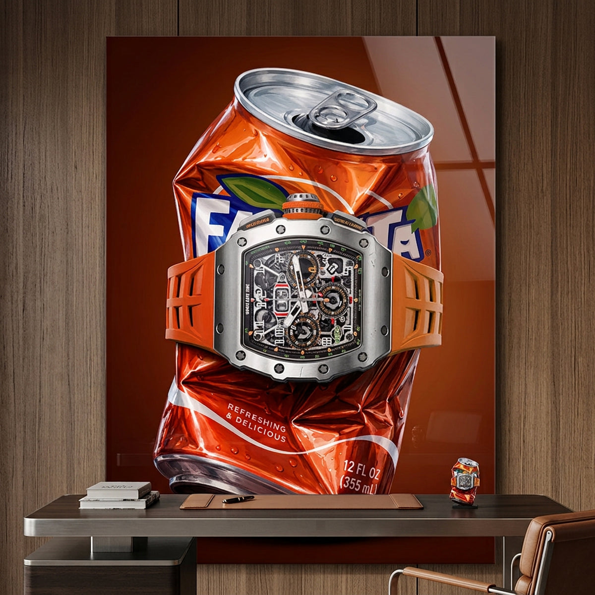 Acrylglasbild Crushed Orange an der Wand eines modernen Wohnraums