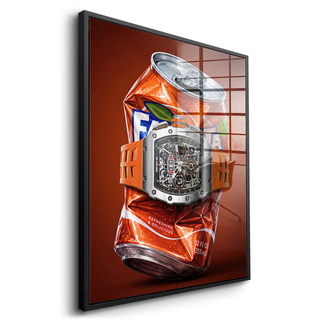 Seitenansicht des Acrylglasbilds Crushed Orange im schwarzen Rahmen