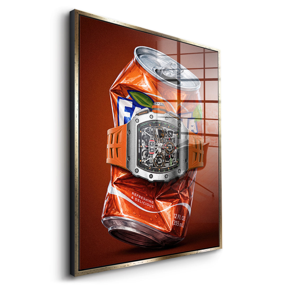 Seitenansicht des Acrylglasbilds Crushed Orange im goldenen Rahmen