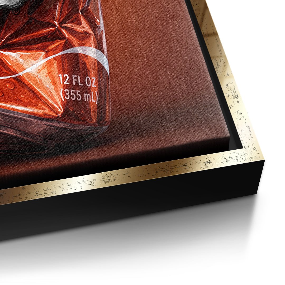 Detailaufnahme der Leinwandstruktur, Crushed Orange im goldenen Rahmen