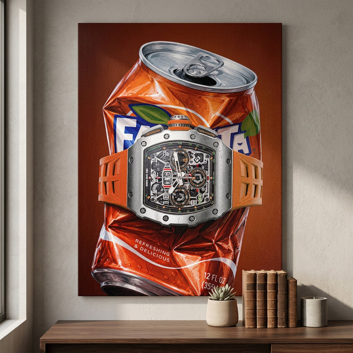 Leinwandbild Crushed Orange an der Wand eines modernen Wohnraums
