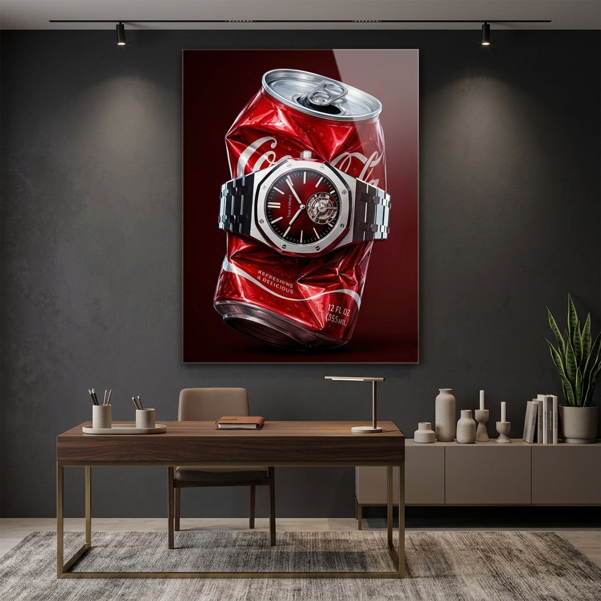 Acrylglasbild Crushed Red an der Wand eines modernen Wohnraums