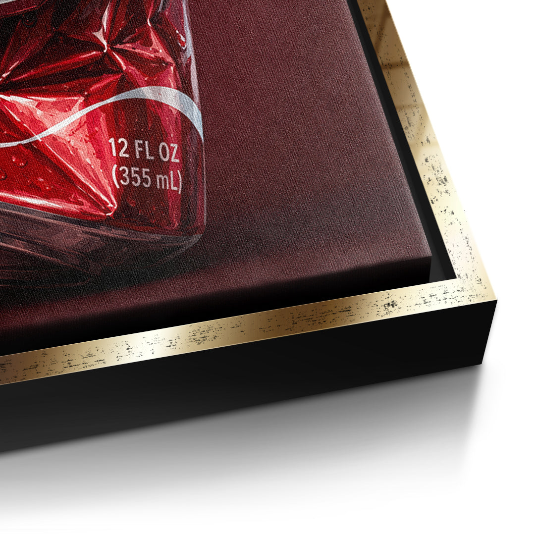 Detailaufnahme der Leinwandstruktur, Crushed Red im goldenen Rahmen