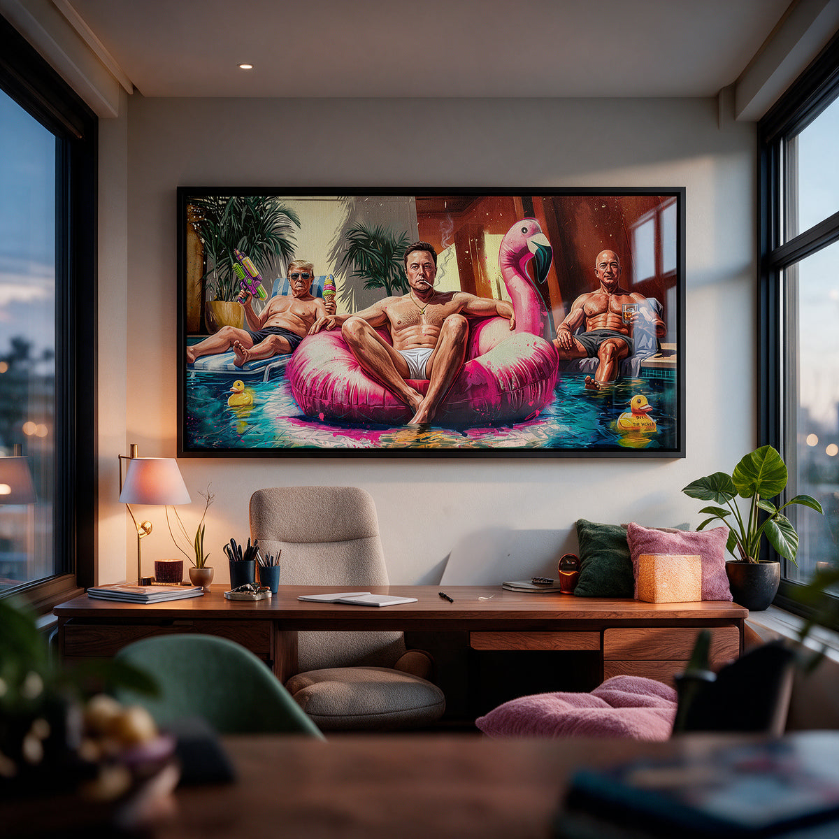 Acrylglasbild Pool Friends an der Wand eines modernen Wohnraums