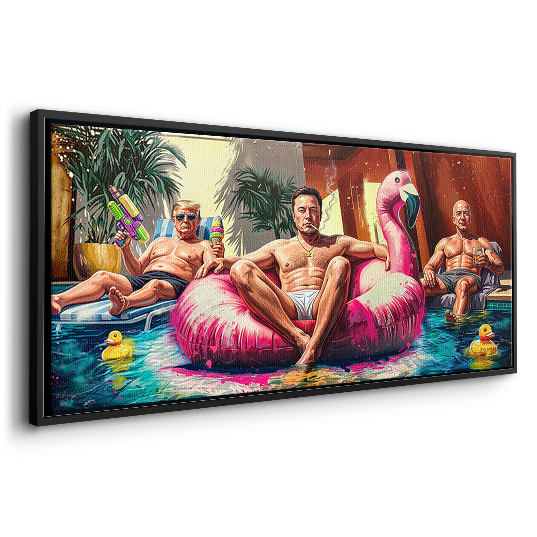 Seitenansicht des Leinwandbilds Pool Friends im schwarzen Rahmen