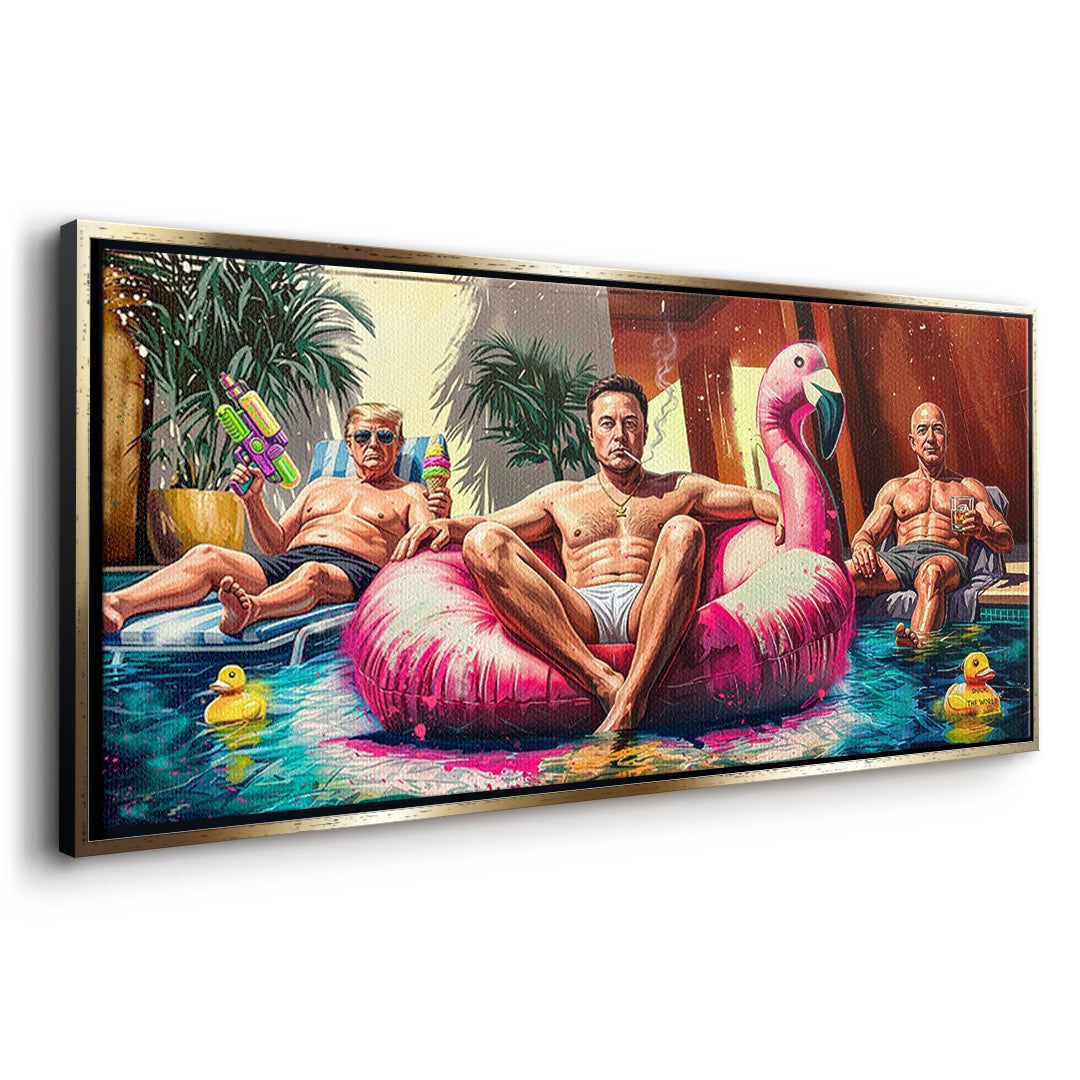 Seitenansicht des Leinwandbilds Pool Friends im goldenen Rahmen