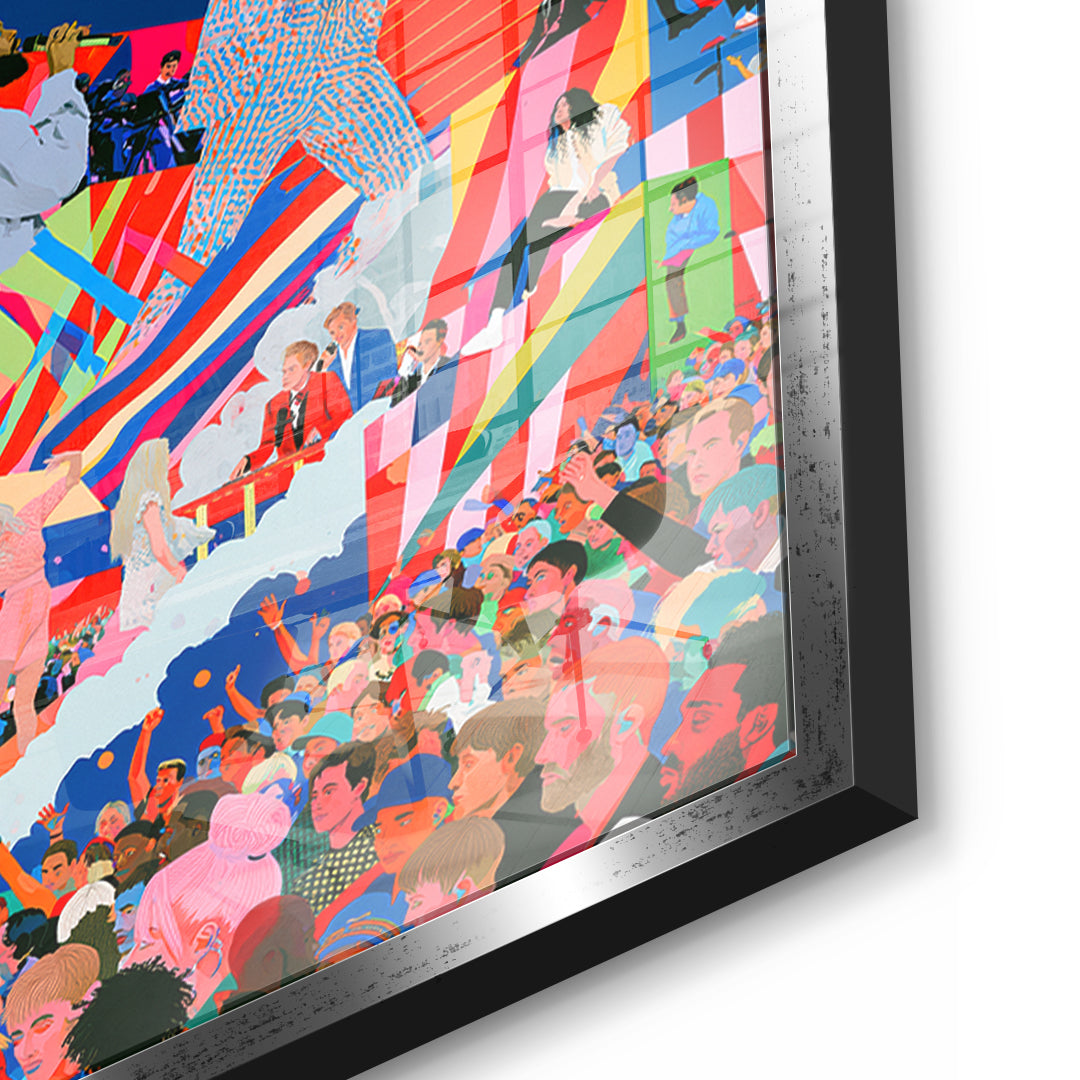 Detailaufnahme des 5mm Acrylglases, Pop Stage Collage im silbernen Rahmen