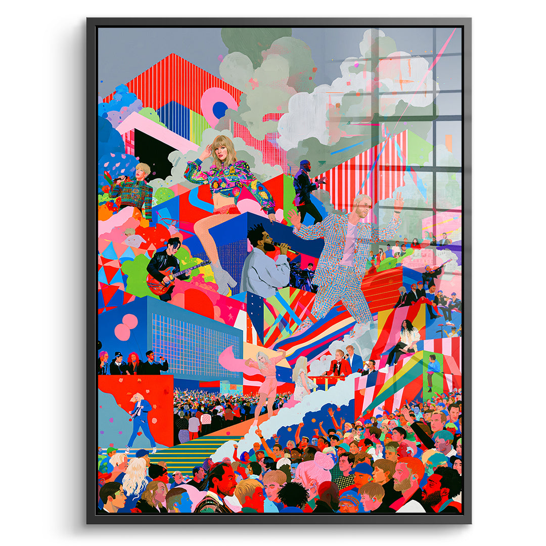 DOTCOMCANVAS Acrylglasbild Pop Stage Collage im schwarzen Premium-Rahmen