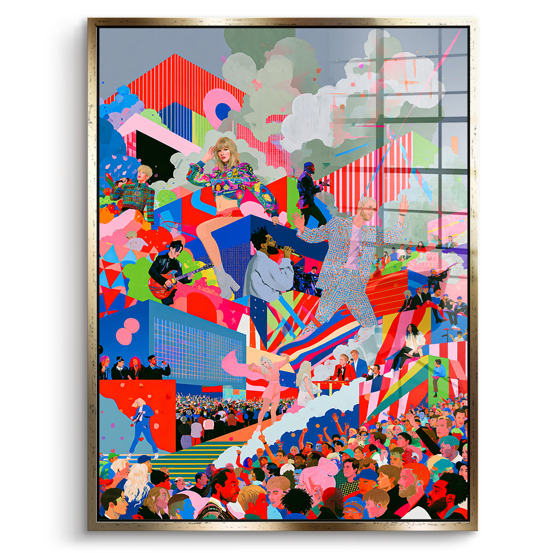 DOTCOMCANVAS Acrylglasbild Pop Stage Collage im goldenen Premium-Rahmen