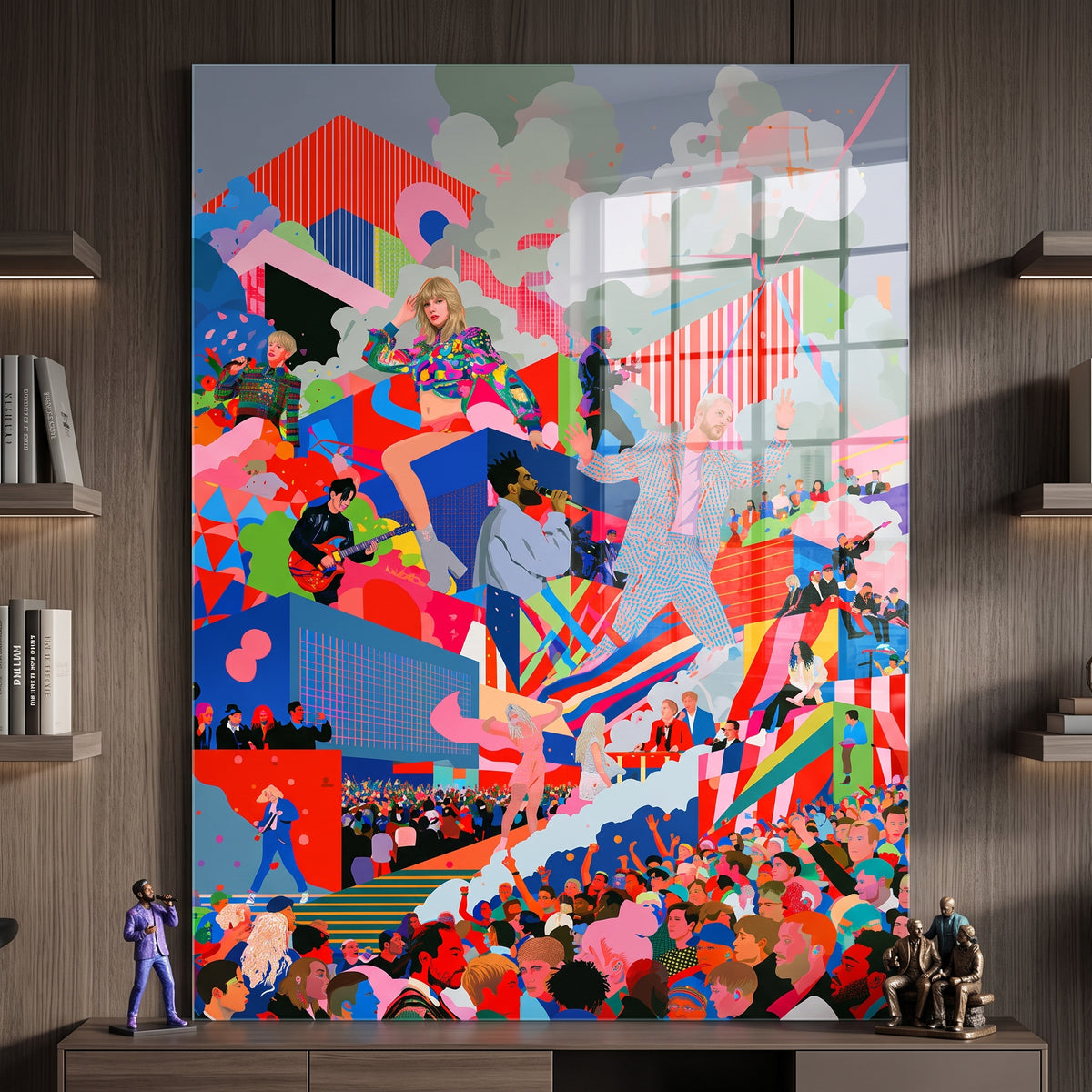 Acrylglasbild Pop Stage Collage an der Wand eines modernen Wohnraums