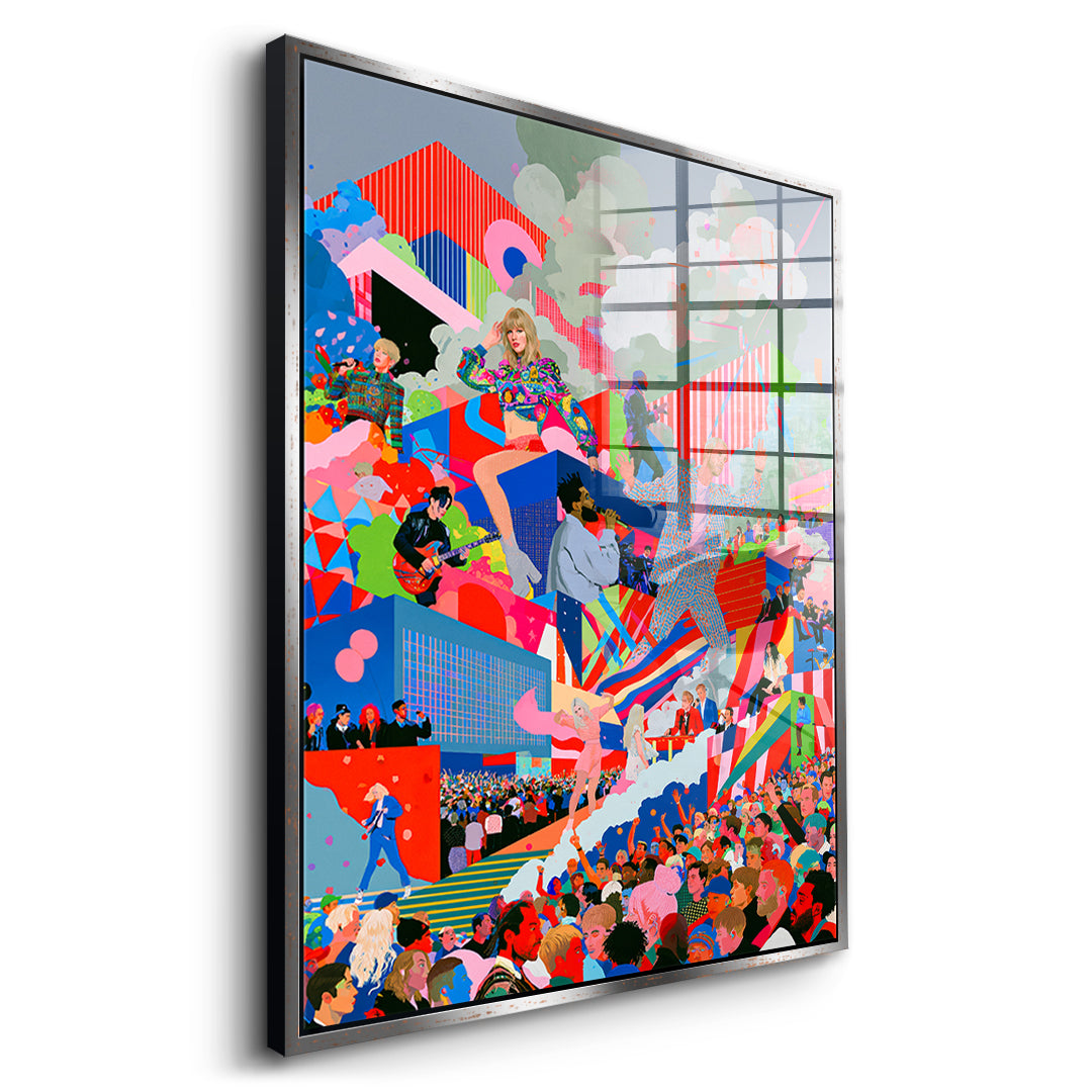 Seitenansicht des Acrylglasbilds Pop Stage Collage im silbernen Rahmen