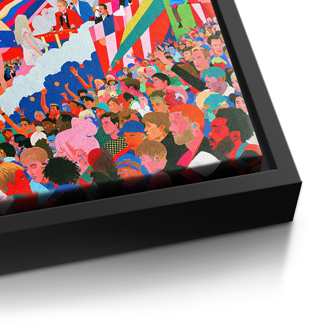 Detailaufnahme der Leinwandstruktur, Pop Stage Collage im schwarzen Rahmen