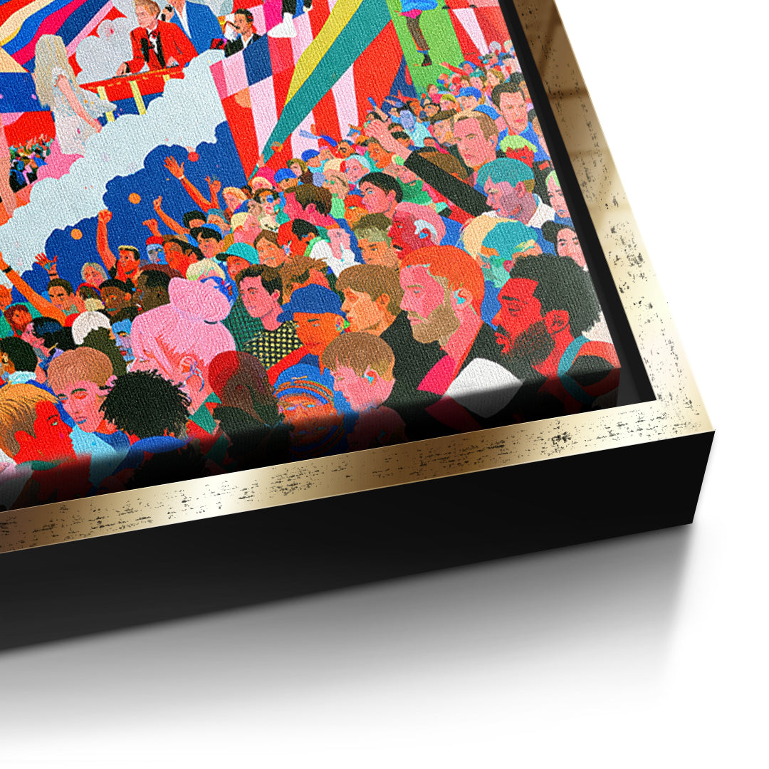Detailaufnahme der Leinwandstruktur, Pop Stage Collage im goldenen Rahmen