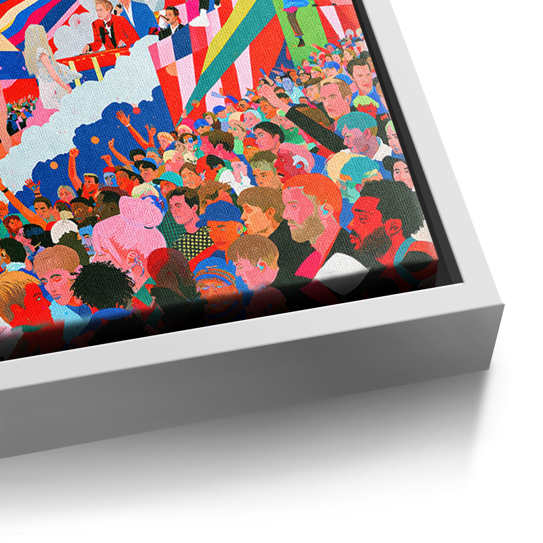Detailaufnahme der Leinwandstruktur, Pop Stage Collage im weißen Rahmen