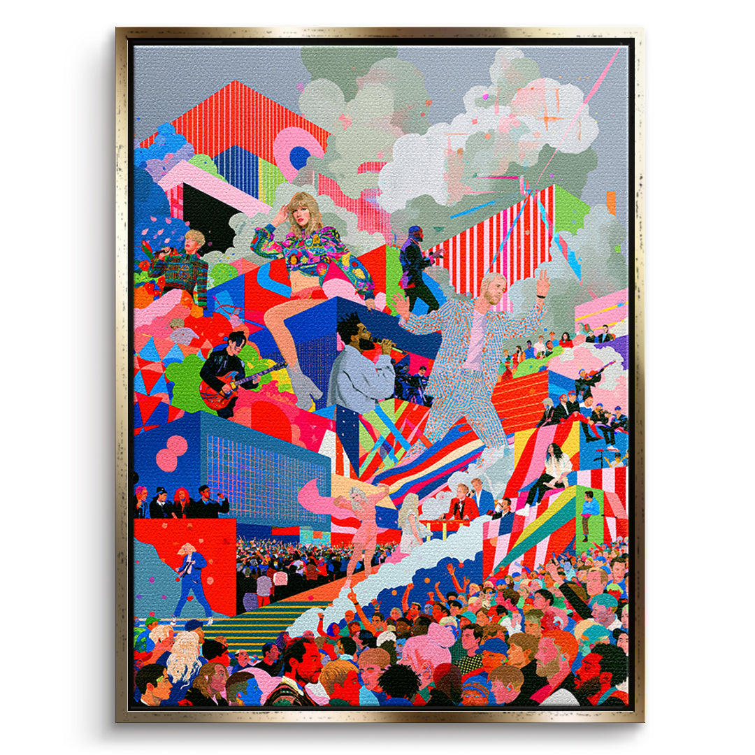 DOTCOMCANVAS Leinwandbild Pop Stage Collage im goldenen Premium-Rahmen