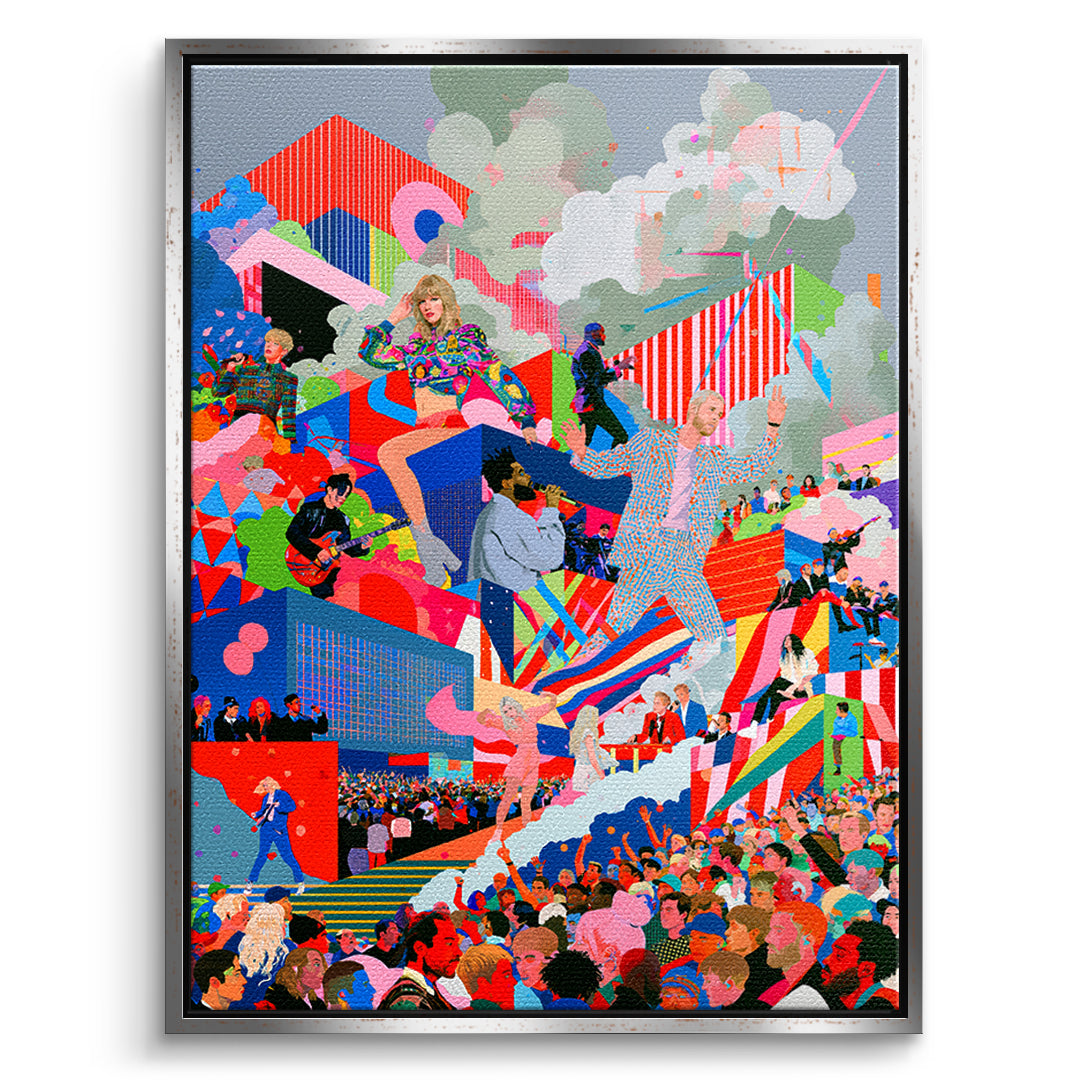 DOTCOMCANVAS Leinwandbild Pop Stage Collage im silbernen Premium-Rahmen