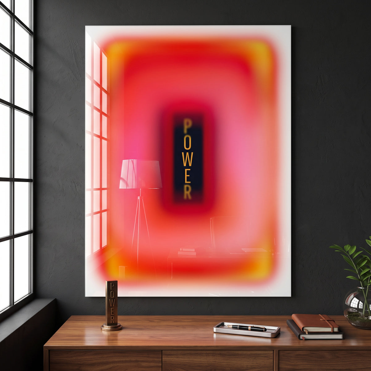 Acrylglasbild Power Aura an der Wand eines modernen Wohnraums
