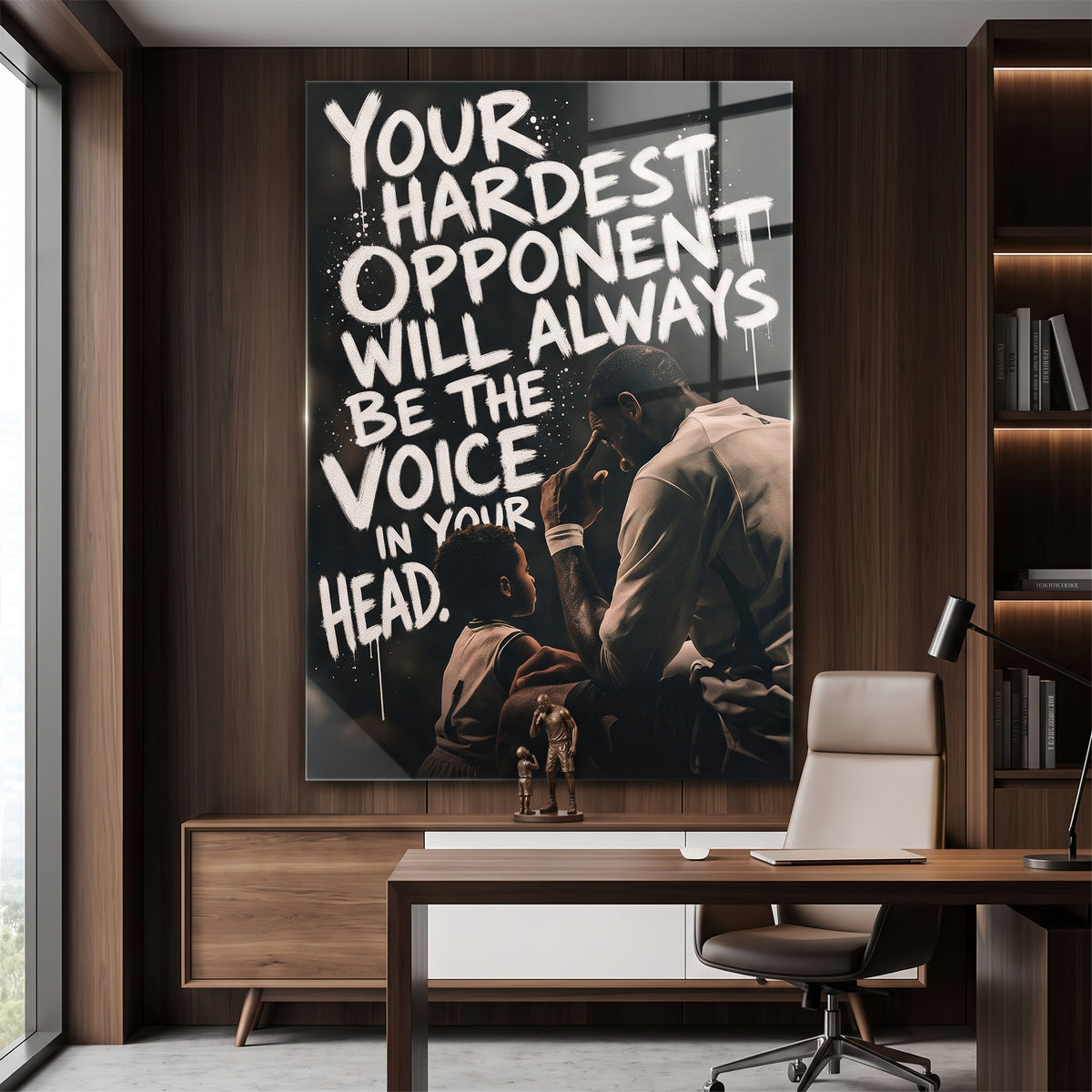Acrylglasbild Your Hardest Opponent an der Wand eines modernen Wohnraums