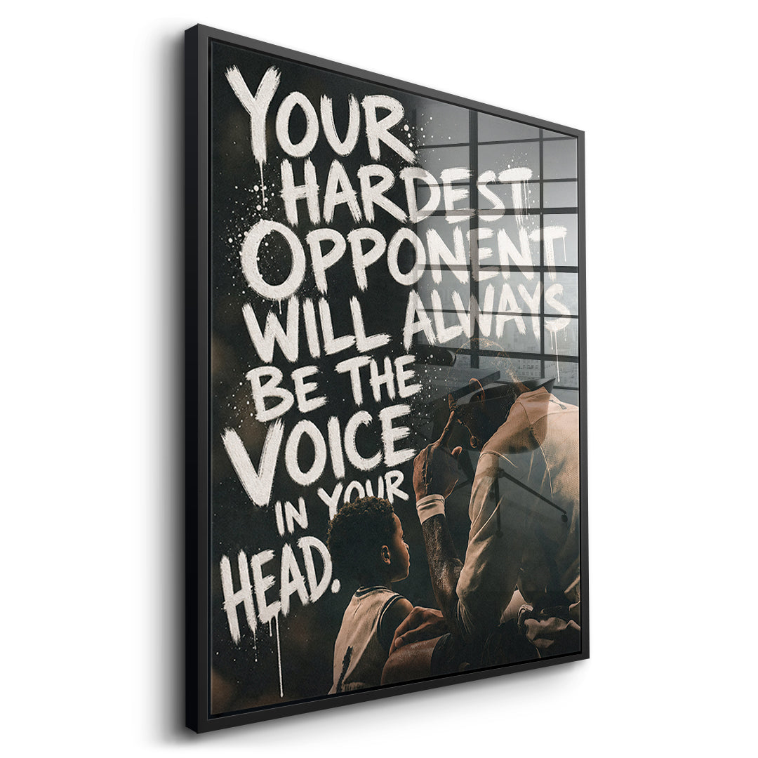 Seitenansicht des Acrylglasbilds Your Hardest Opponent im schwarzen Rahmen