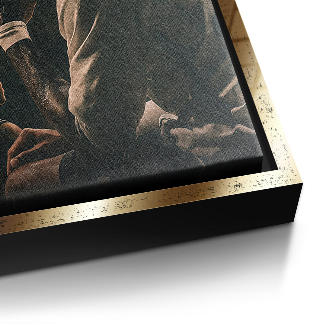 Detailaufnahme der Leinwandstruktur, Your Hardest Opponent im goldenen Rahmen
