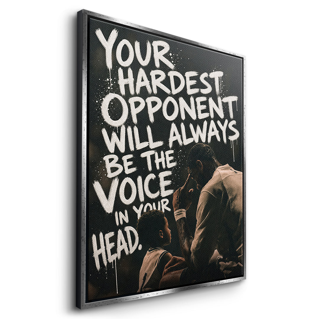 Seitenansicht des Leinwandbilds Your Hardest Opponent im silbernen Rahmen