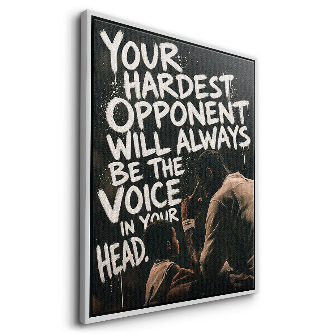 Seitenansicht des Leinwandbilds Your Hardest Opponent im weißen Rahmen