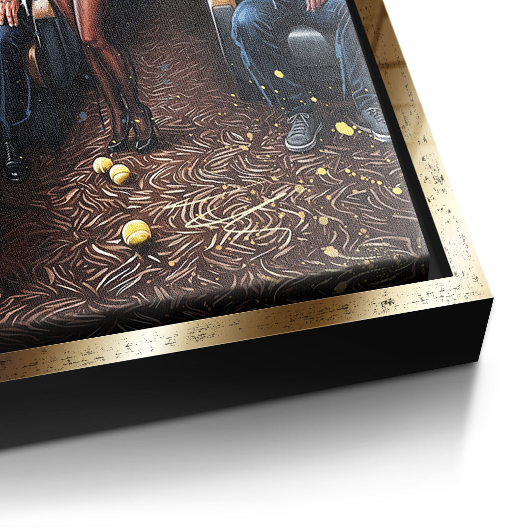 Detailaufnahme der Leinwandstruktur, Jet Friends im goldenen Rahmen