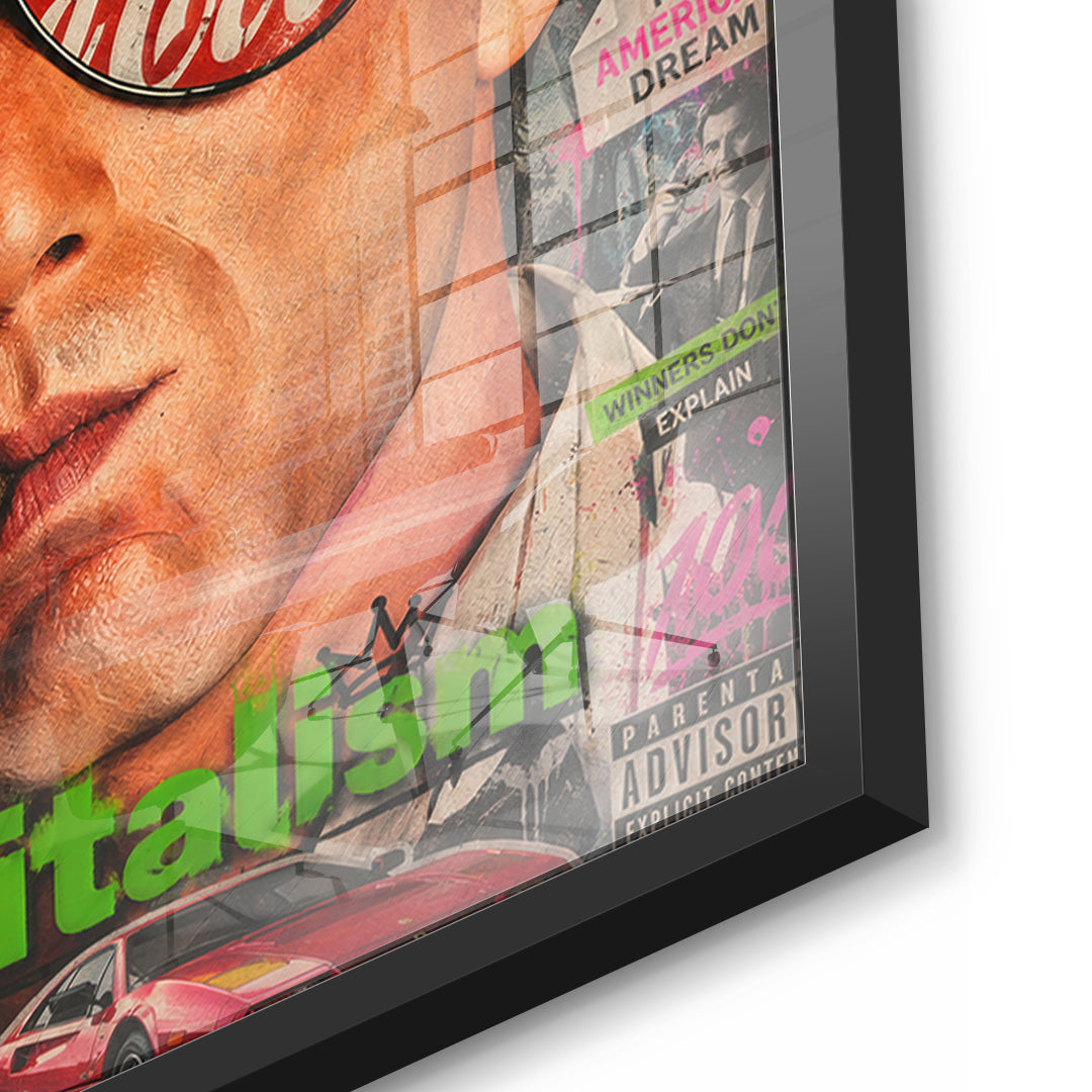 Detailaufnahme des 5mm Acrylglases, Enjoy Capitalism Empire im schwarzen Rahmen