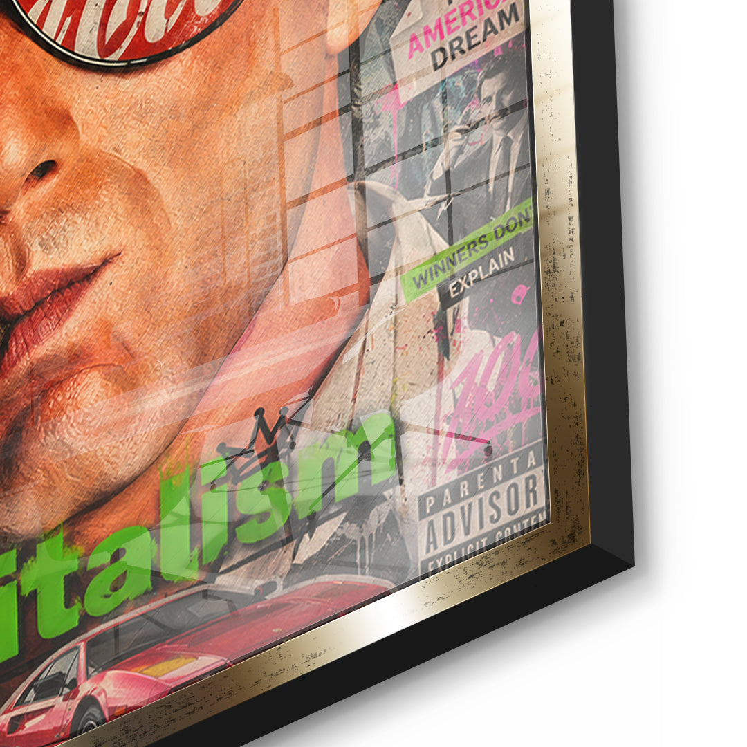 Detailaufnahme des 5mm Acrylglases, Enjoy Capitalism Empire im goldenen Rahmen