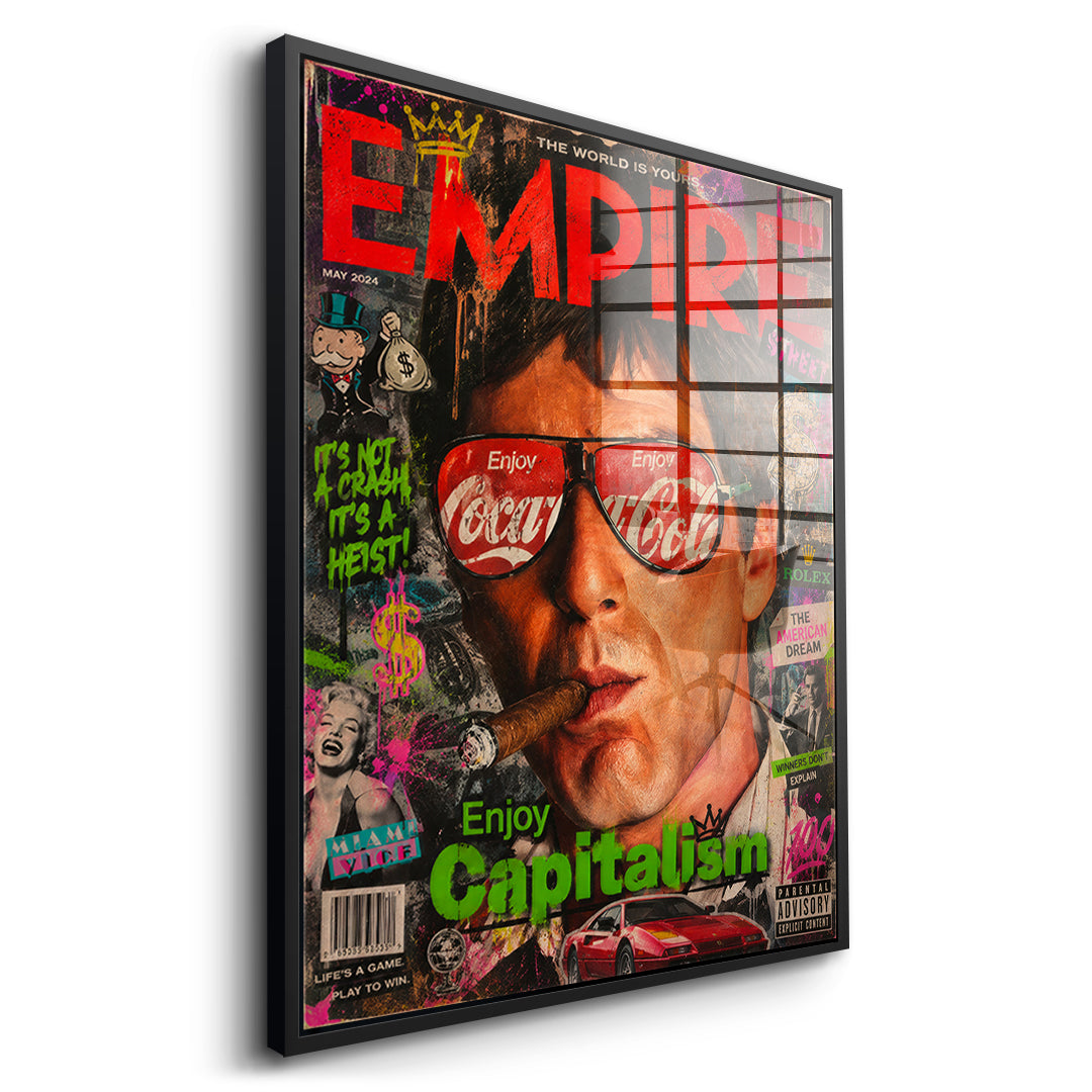 Seitenansicht des Acrylglasbilds Enjoy Capitalism Empire im schwarzen Rahmen