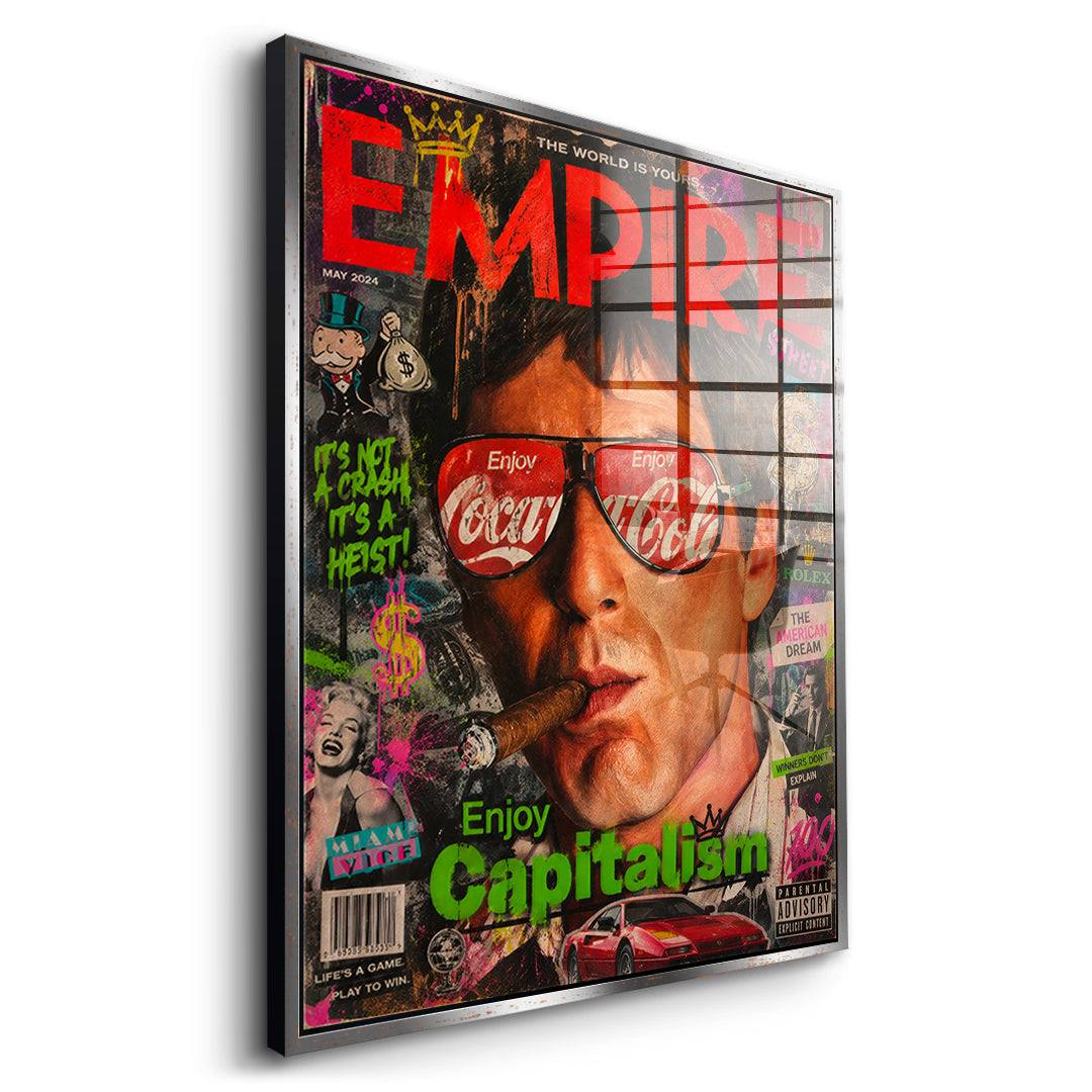 Seitenansicht des Acrylglasbilds Enjoy Capitalism Empire im silbernen Rahmen