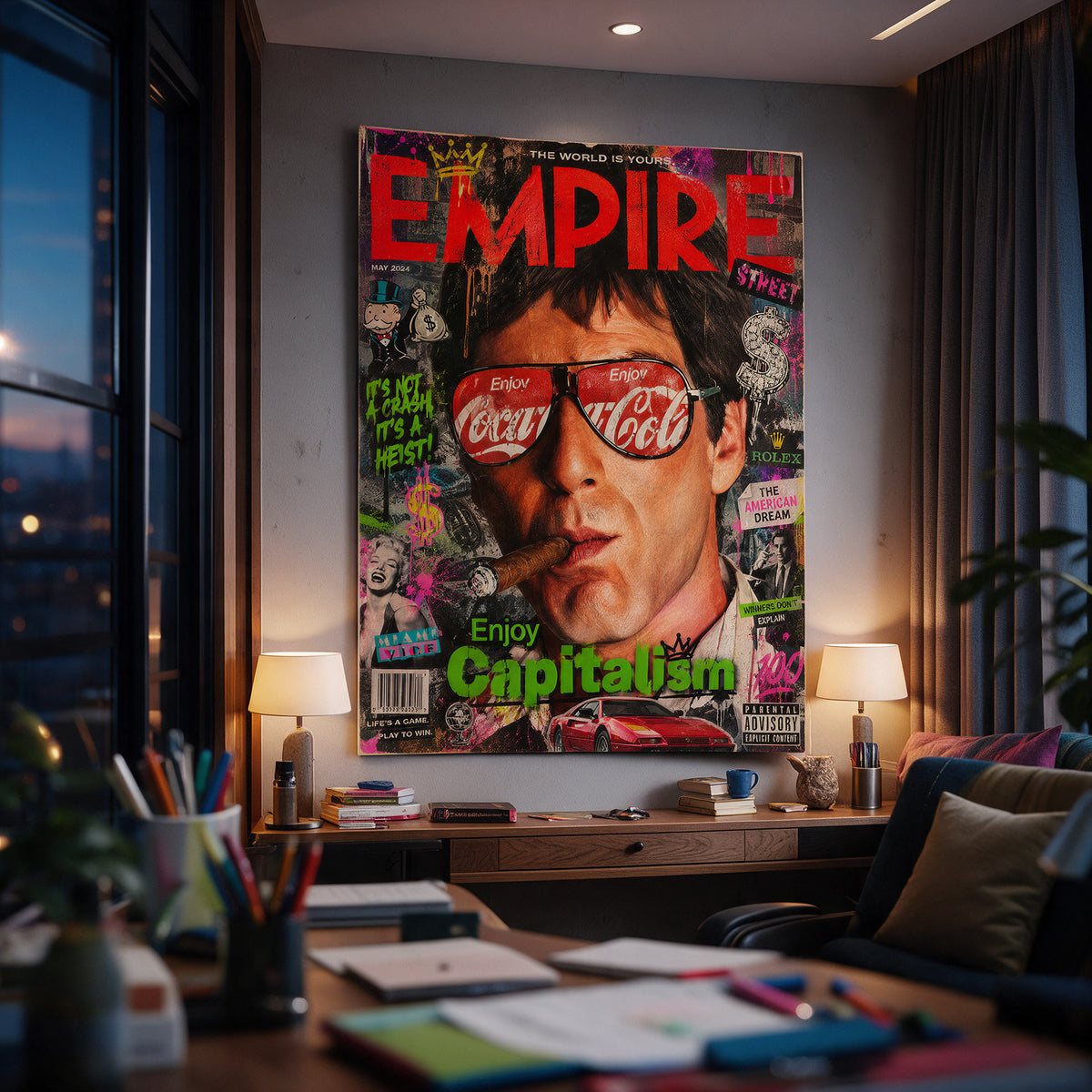 Poster Enjoy Capitalism Empire an der Wand eines modernen Wohnraums