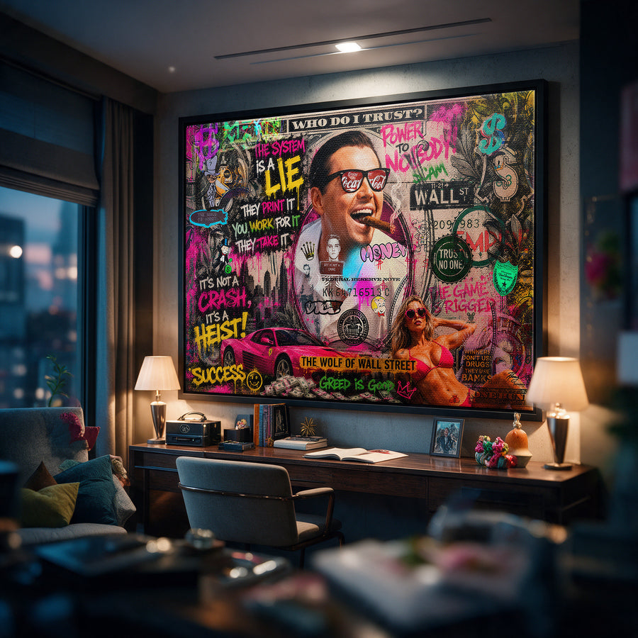 Leinwandbild Its A Heist an der Wand eines modernen Wohnraums