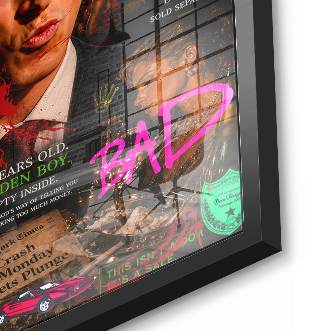 Detailaufnahme des 5mm Acrylglases, Work Hard Play Harder im schwarzen Rahmen