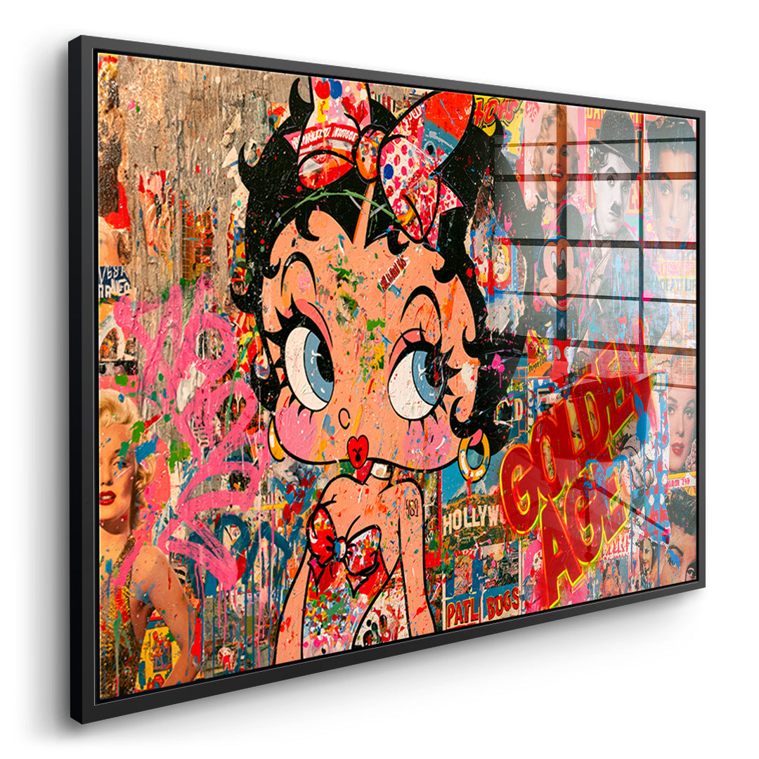 Seitenansicht des Acrylglasbilds Golden Age im schwarzen Rahmen