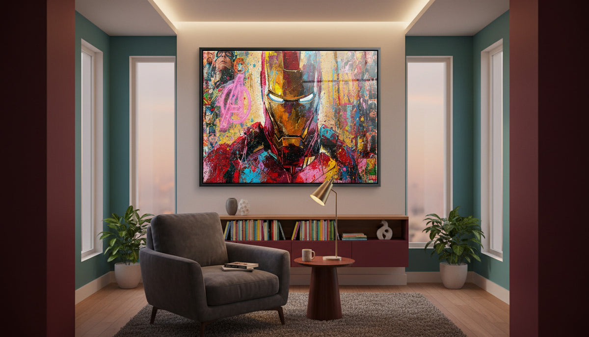 Acrylglasbild Iron Legend an der Wand eines modernen Wohnraums